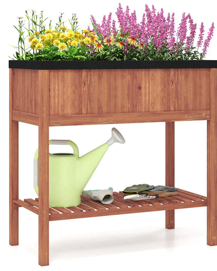 Giantex Raised Garden Bed Wood Planter Box with Plant Stand & Black Liner（40"x20"x39"）