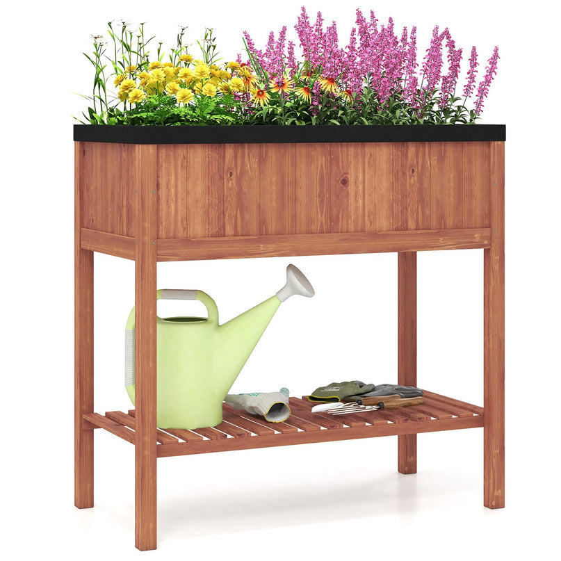 Giantex Raised Garden Bed Wood Planter Box with Plant Stand & Black Liner（40"x20"x39"）