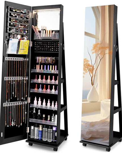 CHARMAID Jewelry Cabinet Armoire with Wheels, 64" Full Length Mirror with Jewelry Storage