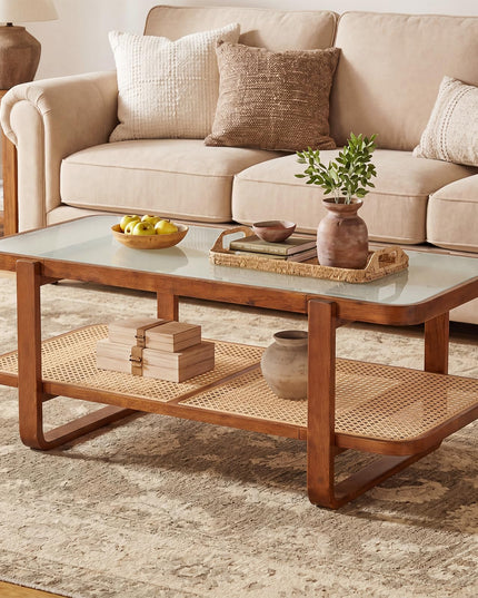 Giantex Rattan Coffee Table with Tempered Glass Top and Storage Shelf