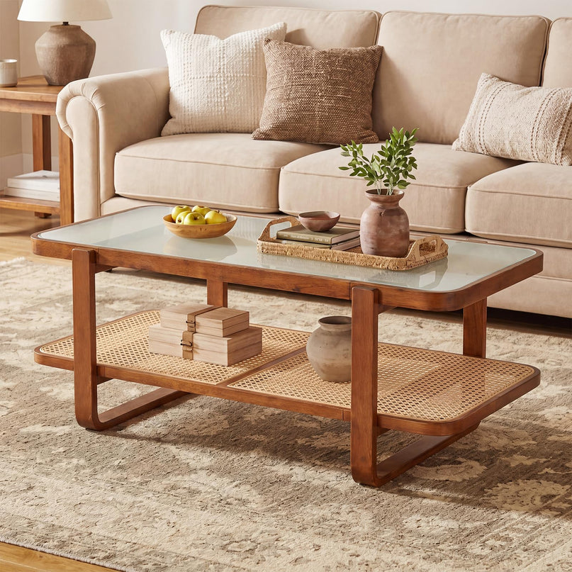 Giantex Rattan Coffee Table with Tempered Glass Top and Storage Shelf