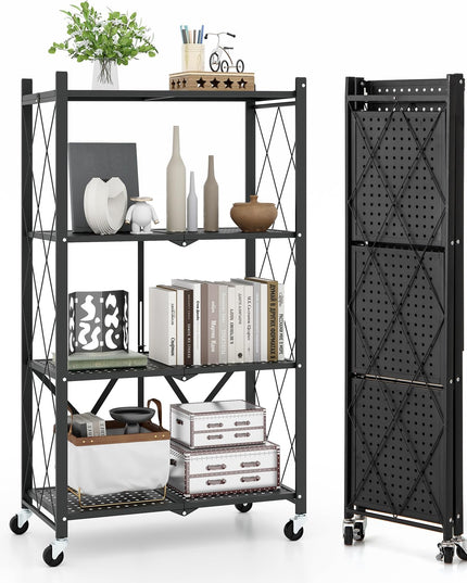 Giantex 4-Tier Foldable Storage Shelf, Collapsible Shelving Unit Display with Lockable Wheels