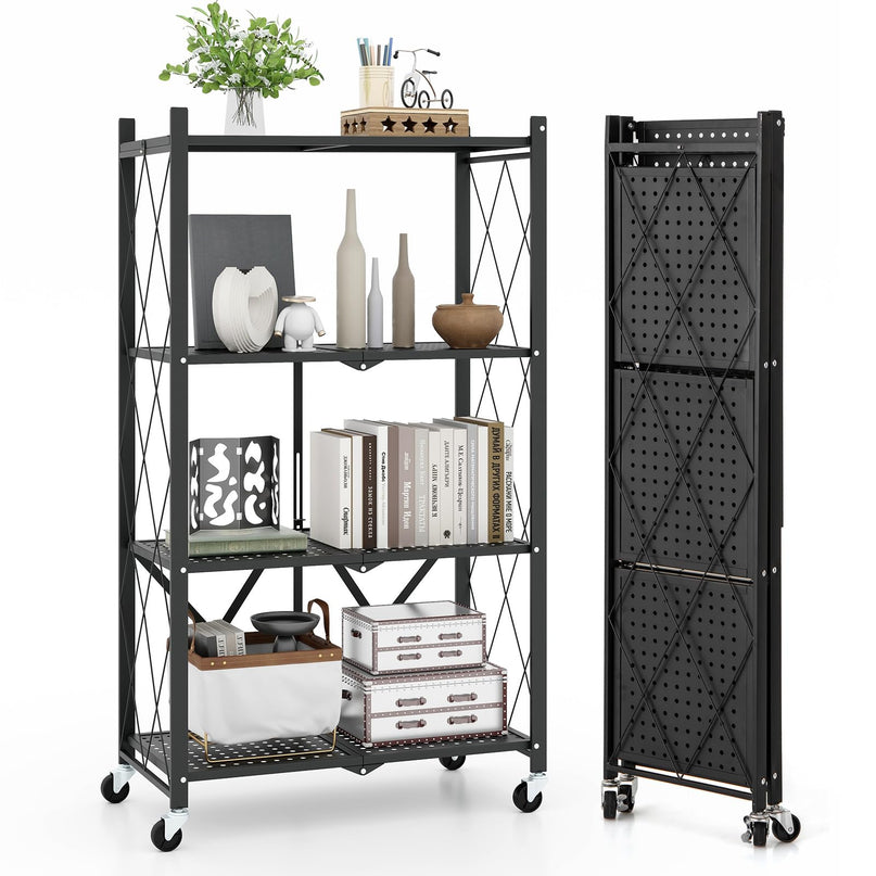 Giantex 4-Tier Foldable Storage Shelf, Collapsible Shelving Unit Display with Lockable Wheels