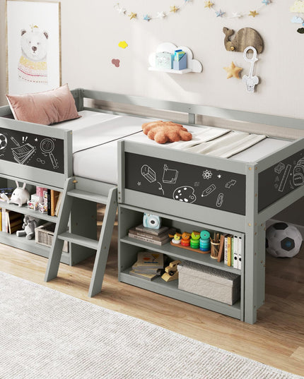 Giantex Low Loft Bed Twin Size, Wooden Loft Bed with Ladder & Blackboard