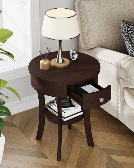 Giantex Round End Table with Drawer, 2-Tier Wood Side Table w/Open Shelf