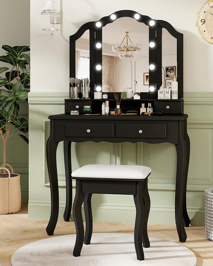 CHARMAID Vanity Desk with Lights - Makeup Vanity Table with Tri-Fold Mirror, 10 Adjustable Hollywood LED Lights, 4 Storage Drawers