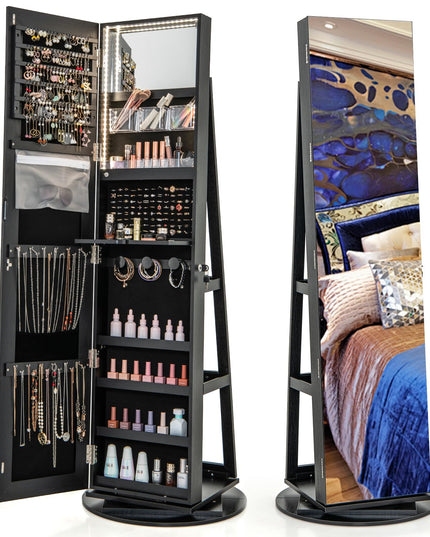 CHARMAID 63.5"H Jewelry Armoire with Full Length Mirror 360 Degree Swivel, 3-Color LED lights