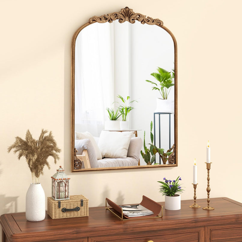 CHARMAID Arched Mirror, Gold Antique Mirror, Vintage Ornate Baroque Mirror with Metal Frame