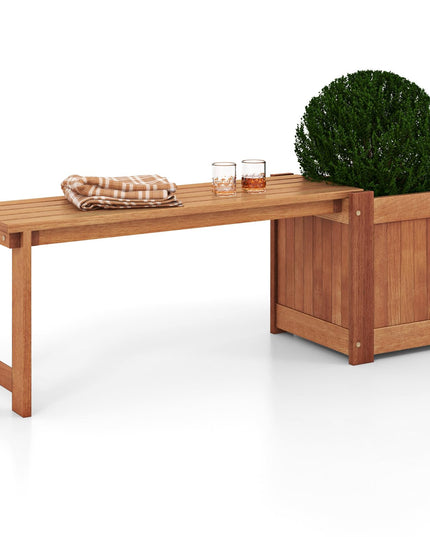 Giantex Outdoor Bench with Raised Garden Bed, Wood Seat with Teak Oil Finish, Planter Box with Open-Ended Base