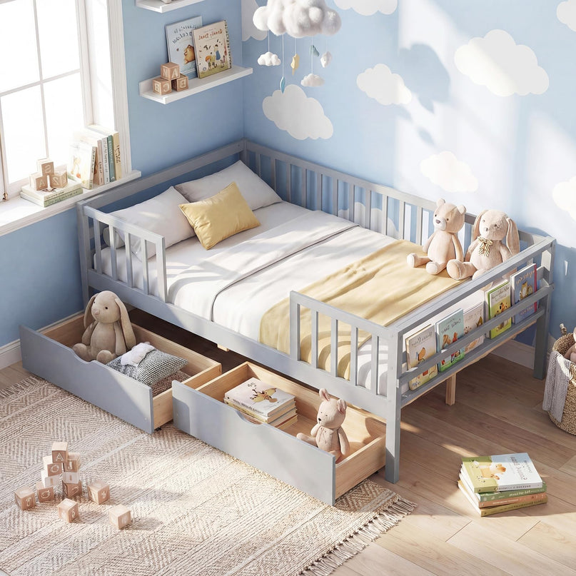 Lit simple pour enfants Giantex avec barrières de sécurité et étagère latérale