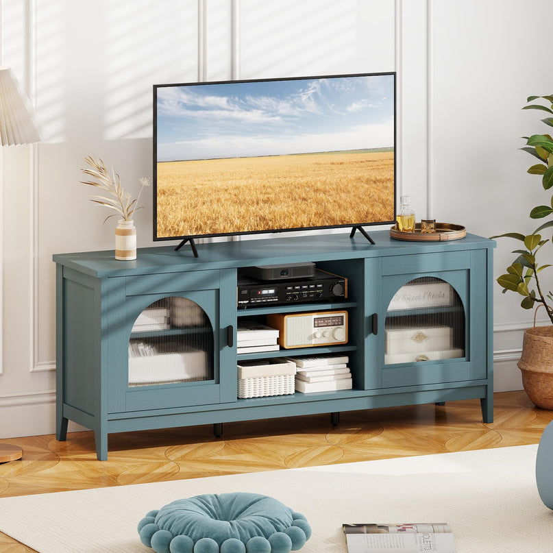 Giantex Farmhouse TV Stand for TVs up to 65" Modern Vintage Entertainment Center(Arched Glass)