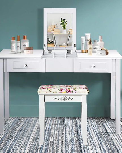 Giantex Coiffeuse avec Miroir, Tabouret Rembourré, Grande Table de Maquillage à Plateau Relevable pour Chambre à Coucher