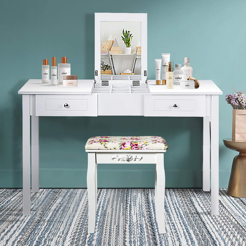 Giantex Coiffeuse avec Miroir, Tabouret Rembourré, Grande Table de Maquillage à Plateau Relevable pour Chambre à Coucher