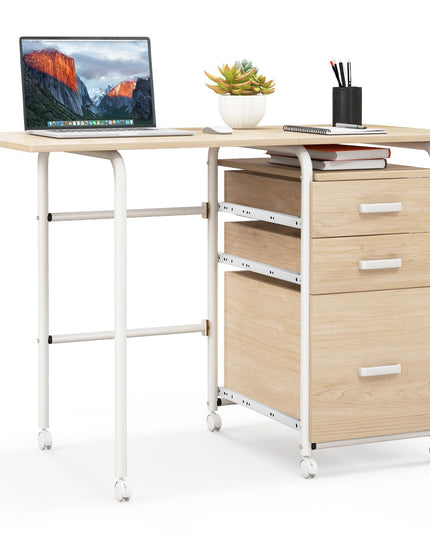 Giantex Folding Desk for Small Space, Rolling Home Office Desk with 3 Drawers & Lockable Universal Wheels