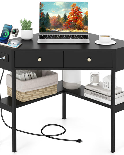 Giantex Corner Desk with Charging Station, 90 Degree Triangle Computer Desk with 2 Drawers & Storage Shelf