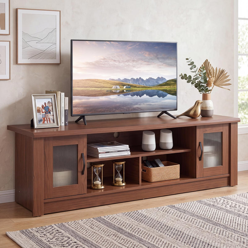 GIANTEX 63" Wooden Farmhouse TV Stand with 2 Fluted Doors