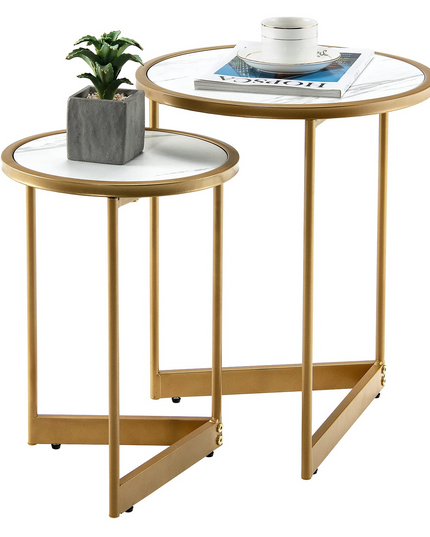 Giantex Round Nesting Table Set of 2, Modern Marble Texture Coffee Tables
