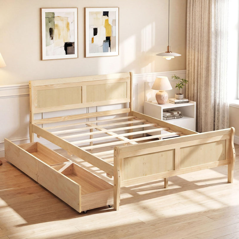 Giantex Bed Frame 2 Storage Drawers Wooden Slats Support Mattress Foundation