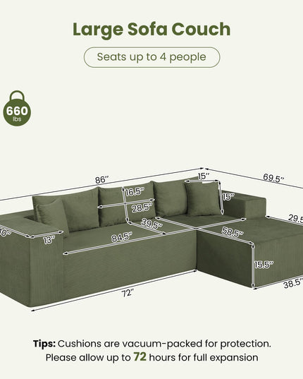 Giantex 110.5" Modular Sectional Sofa | Corduroy Upholstered L-Shaped Sofa Couch with Deep Seats