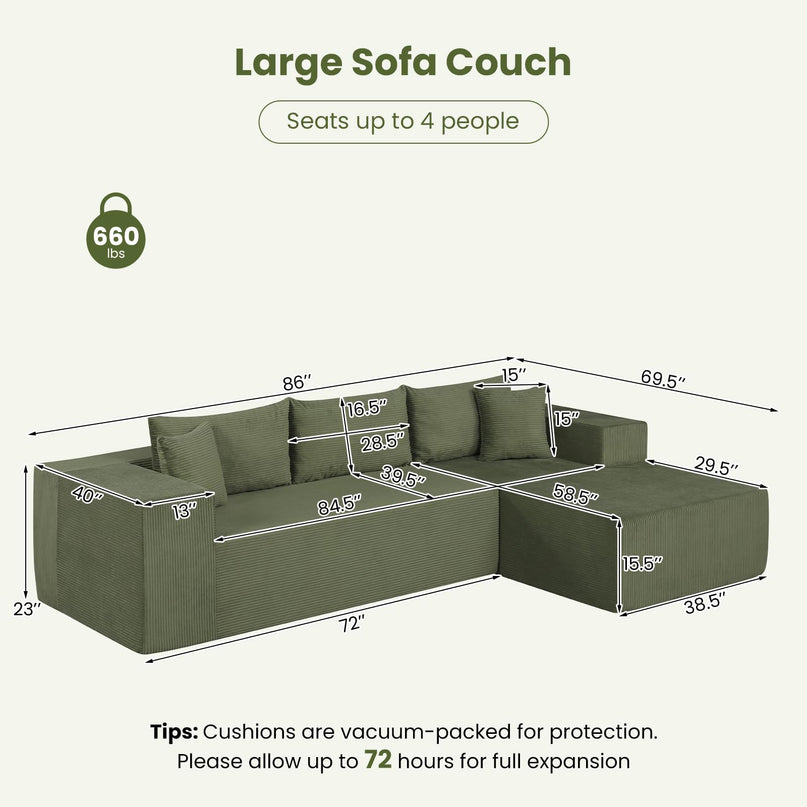 Giantex 110.5" Modular Sectional Sofa | Corduroy Upholstered L-Shaped Sofa Couch with Deep Seats