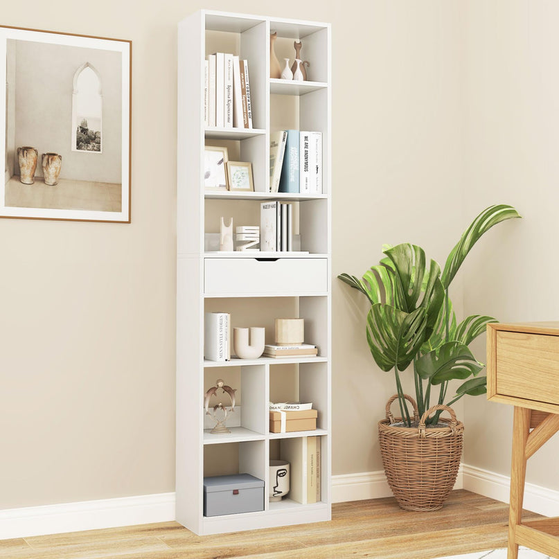 Giantex 71" Bookcase with Drawer with 10 Open Cubes
