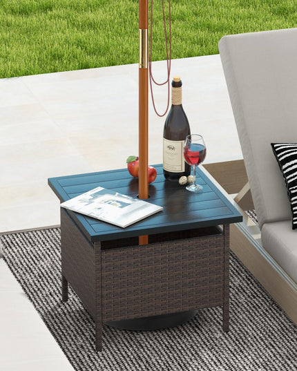 Giantex Umbrella Table, Outdoor Side Table with 2" Umbrella Hole, Rattan Umbrella Stand Holder Table