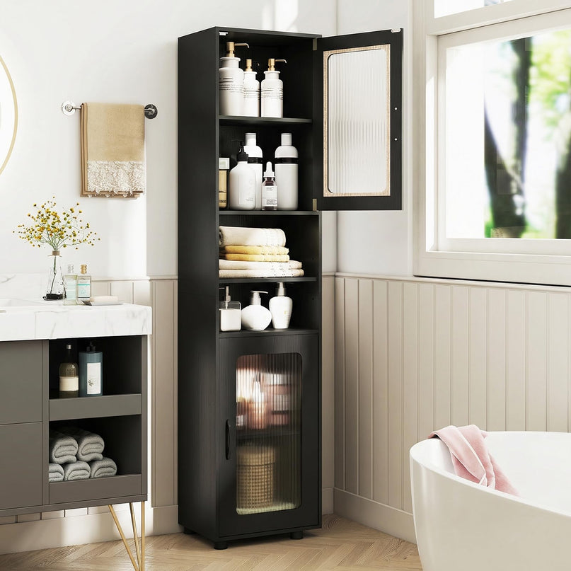 Giantex 67" Tall Narrow Freestanding Bathroom Storage Cabinet with 2 Fluted Doors