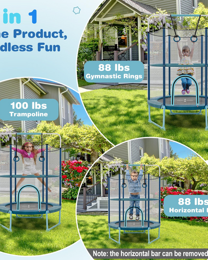 Giantex 60" Trampoline for Kids, 5 Ft Toddler Trampoline with Net, 85" Height Mini Trampoline with Detachable Ring and Horizontal Bar