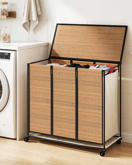 Giantex Laundry Hamper Sorter 3 Section with Lid 2 Lockable Wheels