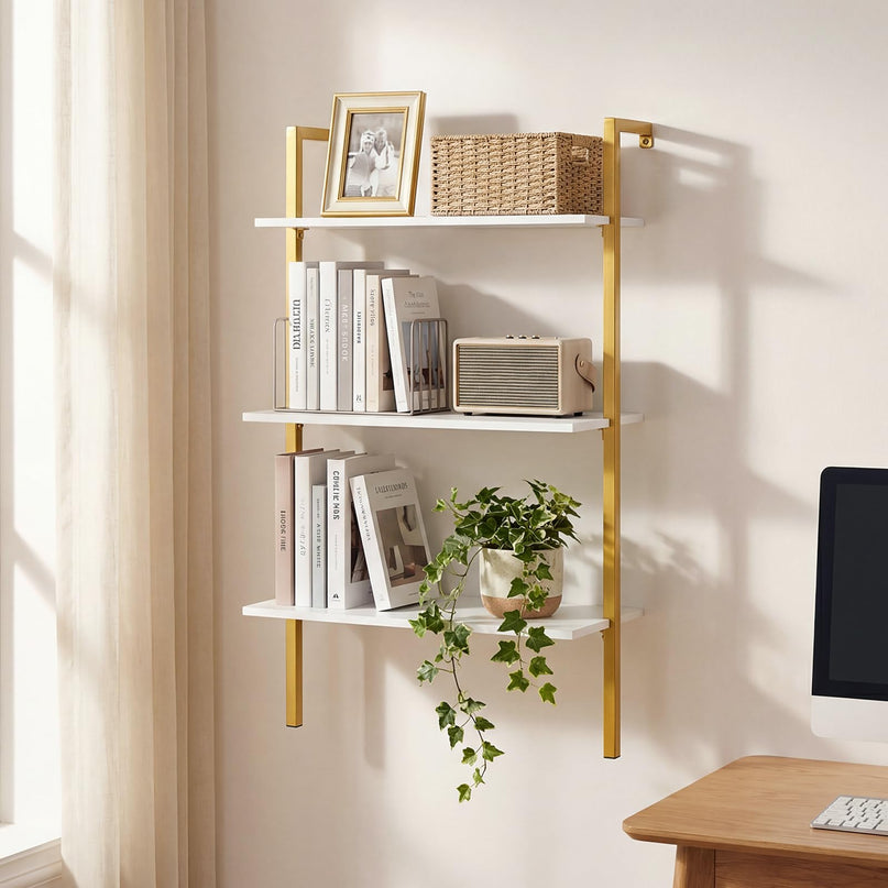 Giantex Ladder Shelf 3-Tier Wood Wall Mounted Bookshelf(1/2)
