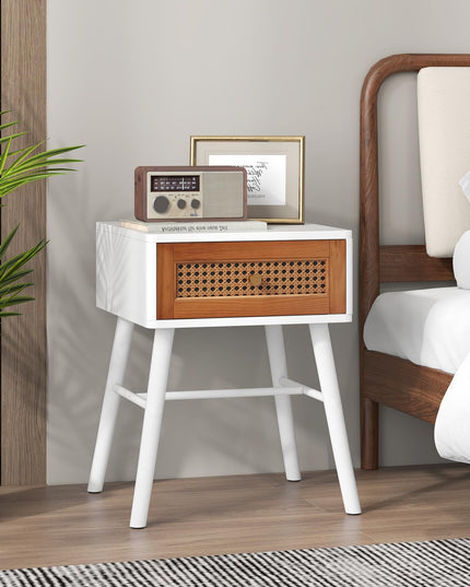 Giantex Rattan Nightstand, Mid Century Modern End Table with Handwoven Rattan Decorated Drawer