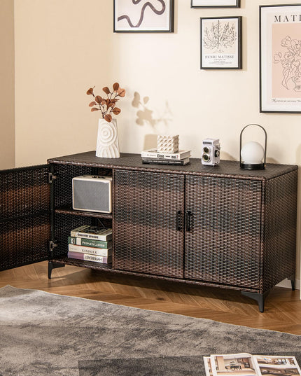 Giantex 84-Gallon Wicker Deck Box - Patio Storage Cabinet, 3-Door PE Rattan Storage Container with Removable Shelves