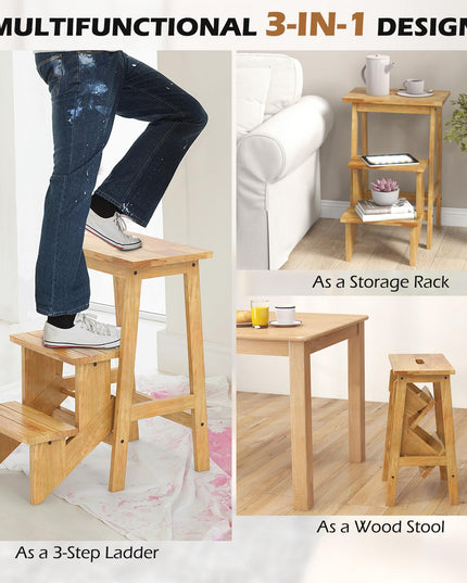 Giantex Folding 3 Tier Step Ladder, Multipurpose 3-in-1 Wood Step Stool with Anti-Slip (Natural)