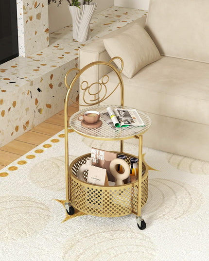 Giantex Mobile Glass Coffee Table, 2-Tier Round End Table with Bear Pattern, Storage Basket, Metal Frame