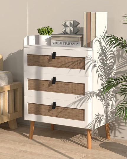Giantex Rattan Nightstand, Boho 3-Drawer Dresser with 4 Solid Wood Legs