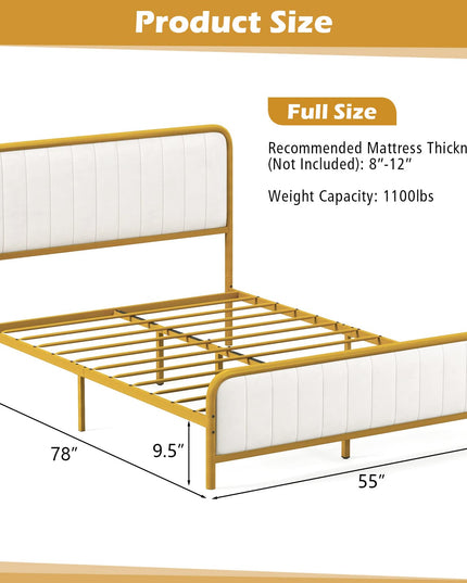 Giantex Twin Size Gold Bed Frame with Velvet Headboard and Footboard, Heavy-duty Metal Slats Support Mattress Foundation