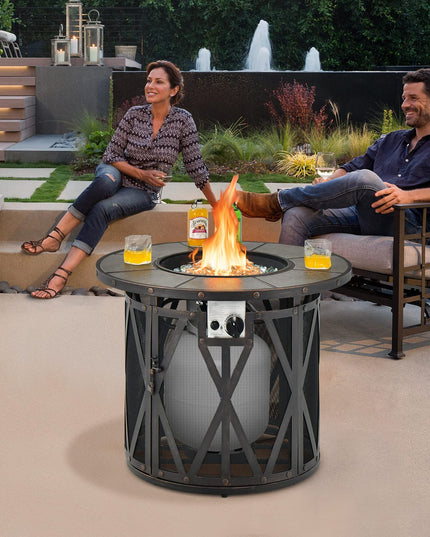 Giantex 32" Gas Fire Pit Table - 30,000 BTU Round Outdoor Fire Pit with Lid, PVC Cover, Glass Stones, Black