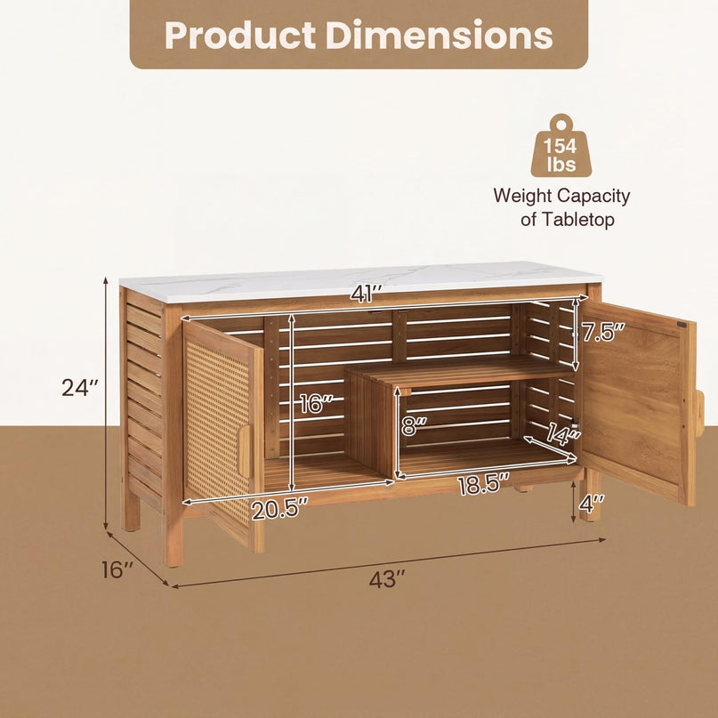Giantex Acacia Wood Outdoor Cabinet w/Faux Marble Top