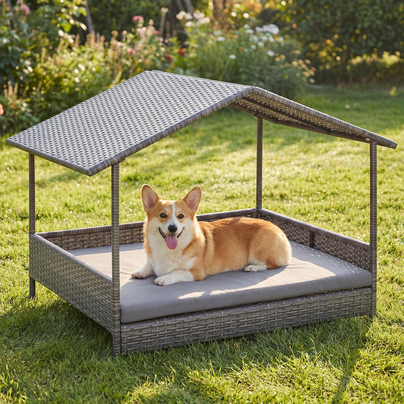 Giantex Outdoor Wicker Dog House with Washable Cushion