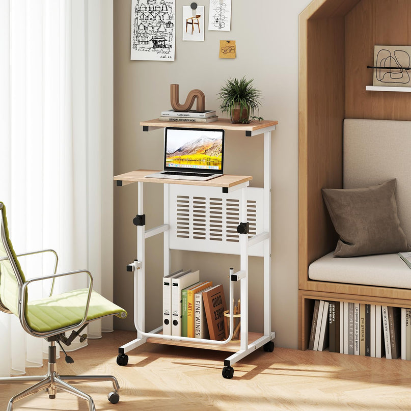 Giantex Height Adjustable Portable Laptop Cart on Wheels with Storage Shelves