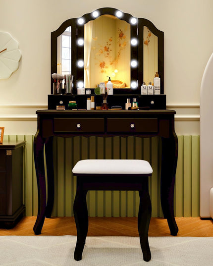CHARMAID Vanity Desk with Lights - Makeup Vanity Table with Tri-Fold Mirror, 10 Adjustable Hollywood LED Lights, 4 Storage Drawers