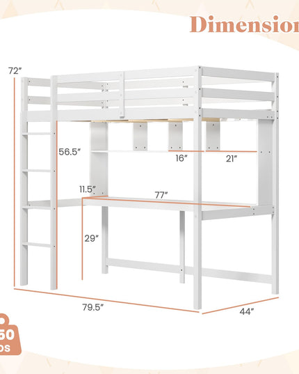 Giantex Solid Wood Twin Loft Bed with Desk and Bookcase