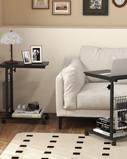 Giantex C Shaped End Table with Wheels, Height Adjustable Mobile Couch Snack Side Table with Storage Shelf