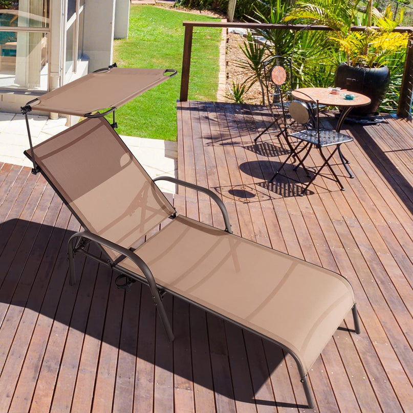Giantex Patio Chaise Lounge Chair - Outdoor Beach Chair with Adjustable Canopy, Metal Frame Sunbathing Lounger for Outside