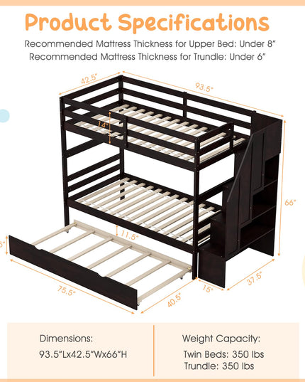 Giantex Twin Over Twin Bunk Bed with Trundle and Storage Stairs, Solid Wood Bunk Bed Convertible 3 Bed Frames for Bedroom