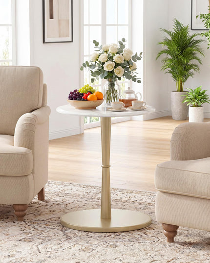 Giantex Round Marble Side Table w/Stone Finish & Wooden Pedestal (1/2)