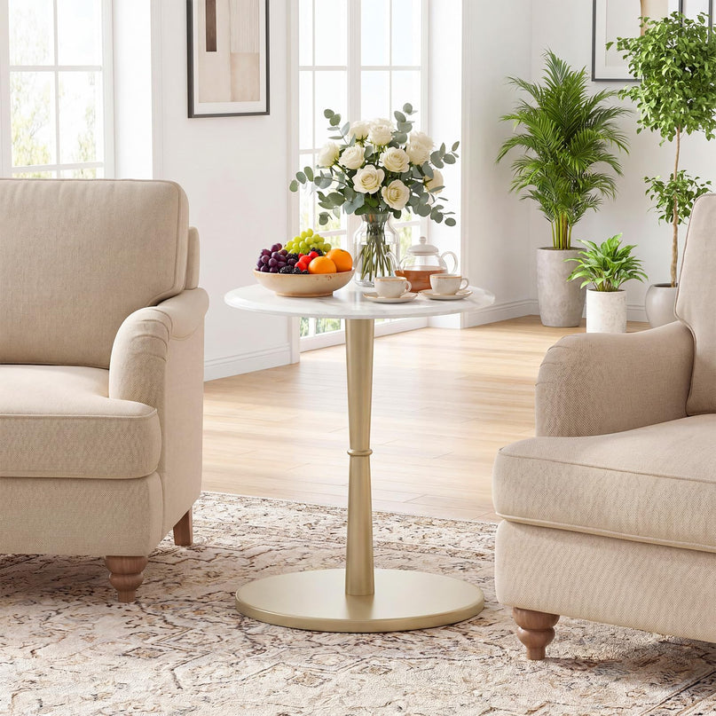 Giantex Round Marble Side Table w/Stone Finish & Wooden Pedestal (1/2)