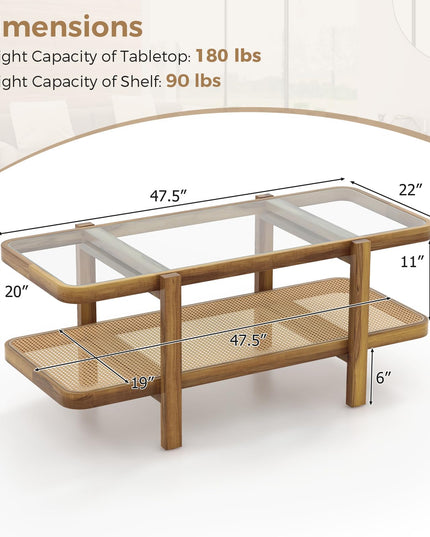 Giantex Rattan Coffee Table, 47.5" Rectangle Solid Wood Tea Table w/Tempered Glass Tabletop