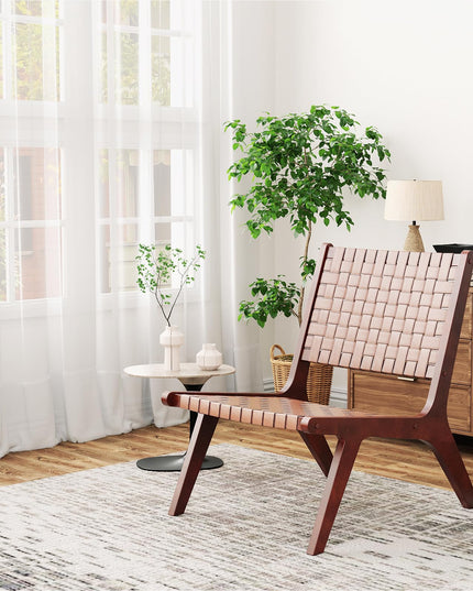 Giantex Woven Leather Accent Chair, Mid Century Modern Lounge Chair with Wood Frame, Max Load 300 Lbs, Brown