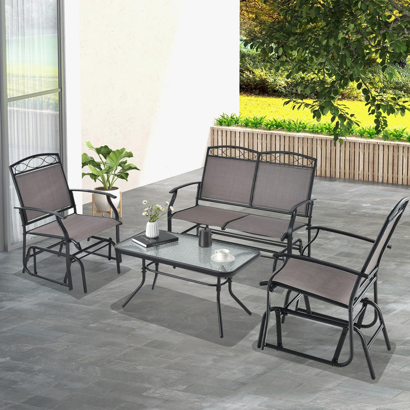 Giantex 4 or 2 PCS Outdoor Glider Chairs Set - Patio Furniture Set with Tempered Glass Table (4 PCS, Brown)
